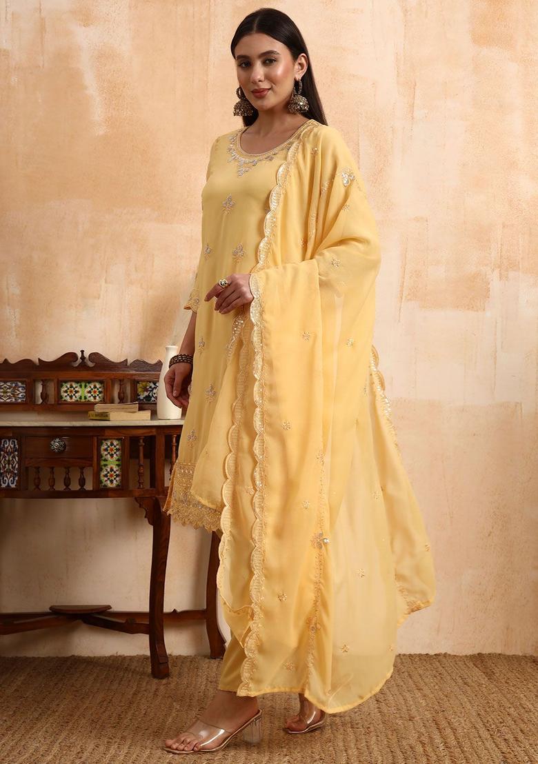 Yellow Embroidered Georgette Kurta Sets - Indya