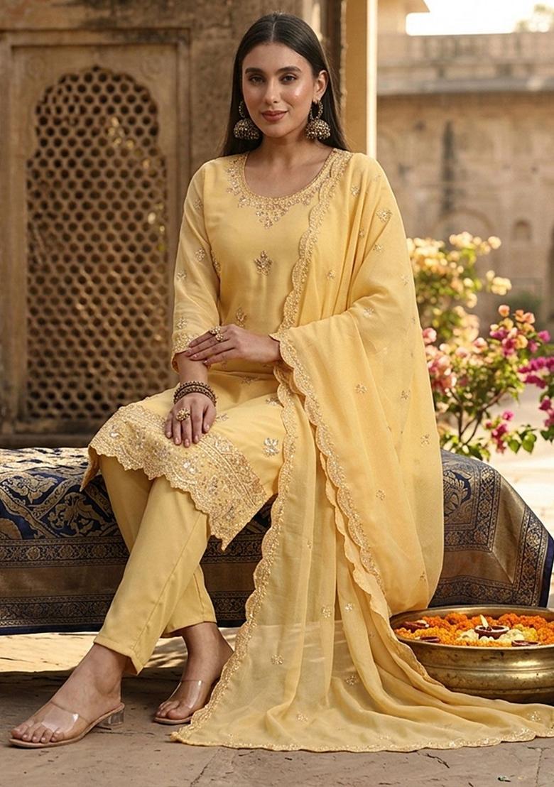 Yellow Embroidered Georgette Kurta Sets - Indya