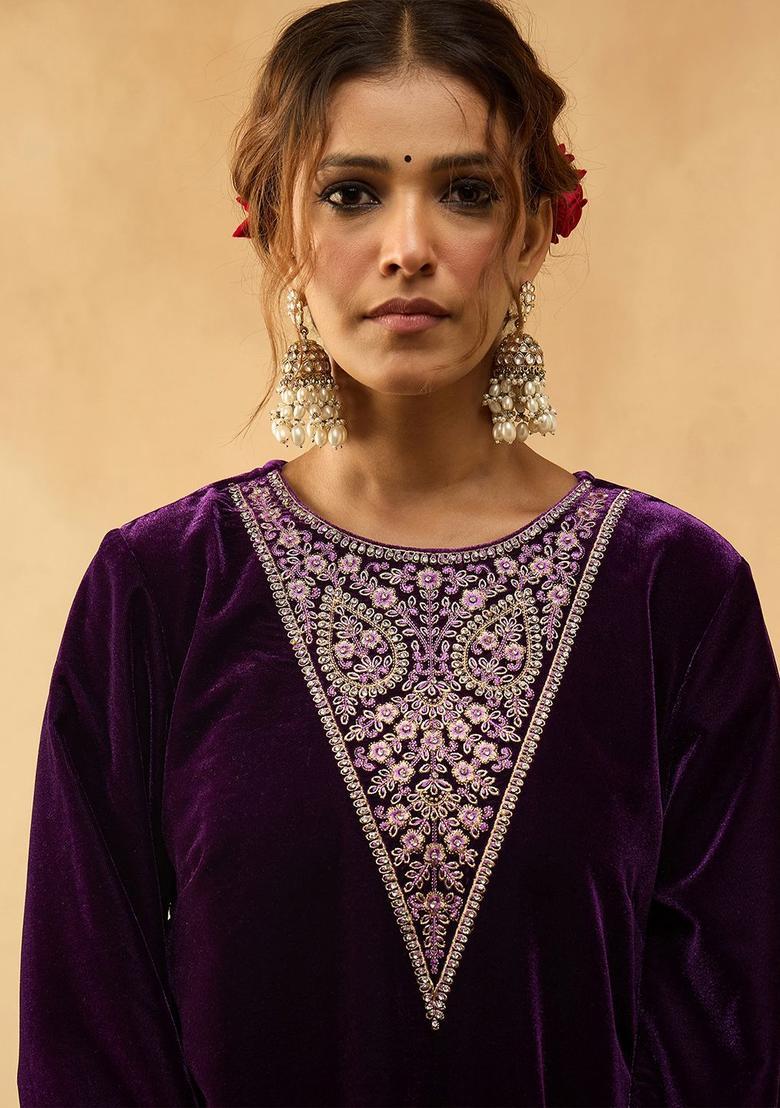 Violet Embroidered Velvet Kurta Sets - Indya