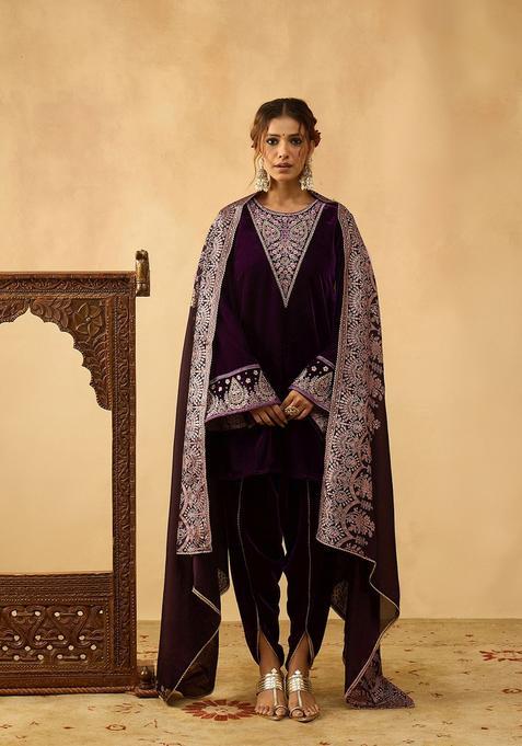 Violet Embroidered Velvet Kurta Sets