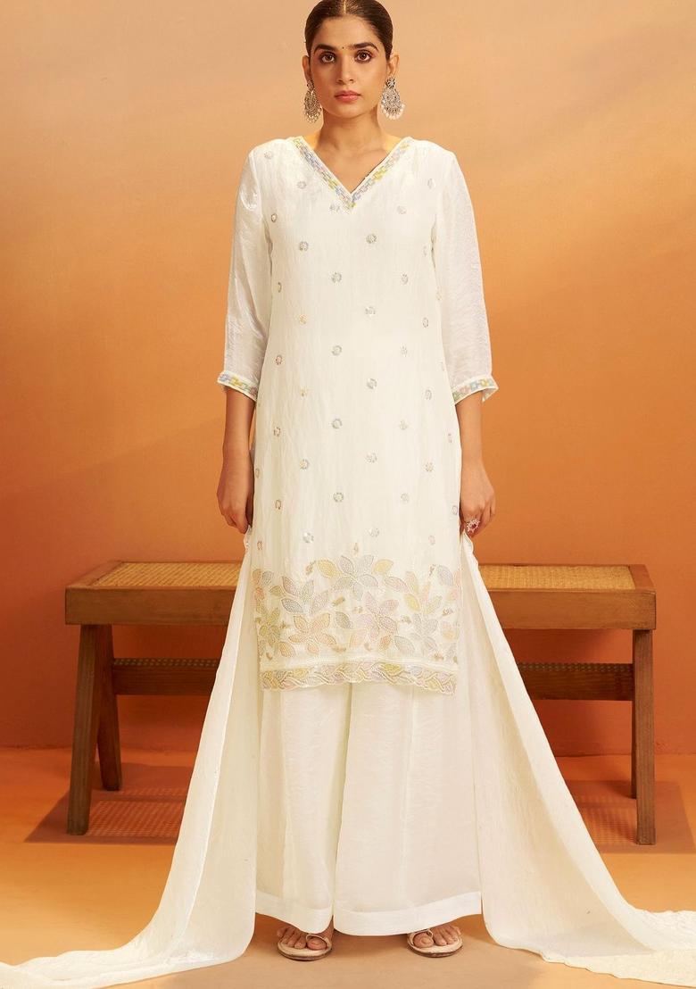 White Embroidered Tissue Kurta Sets - Indya
