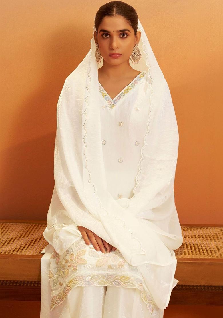White Embroidered Tissue Kurta Sets - Indya