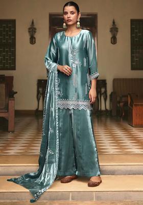 Sea Green Embroidered Viscose Kurta Sets