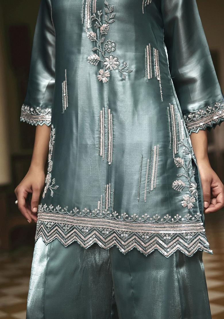 Sea Green Embroidered Viscose Kurta Sets - Indya