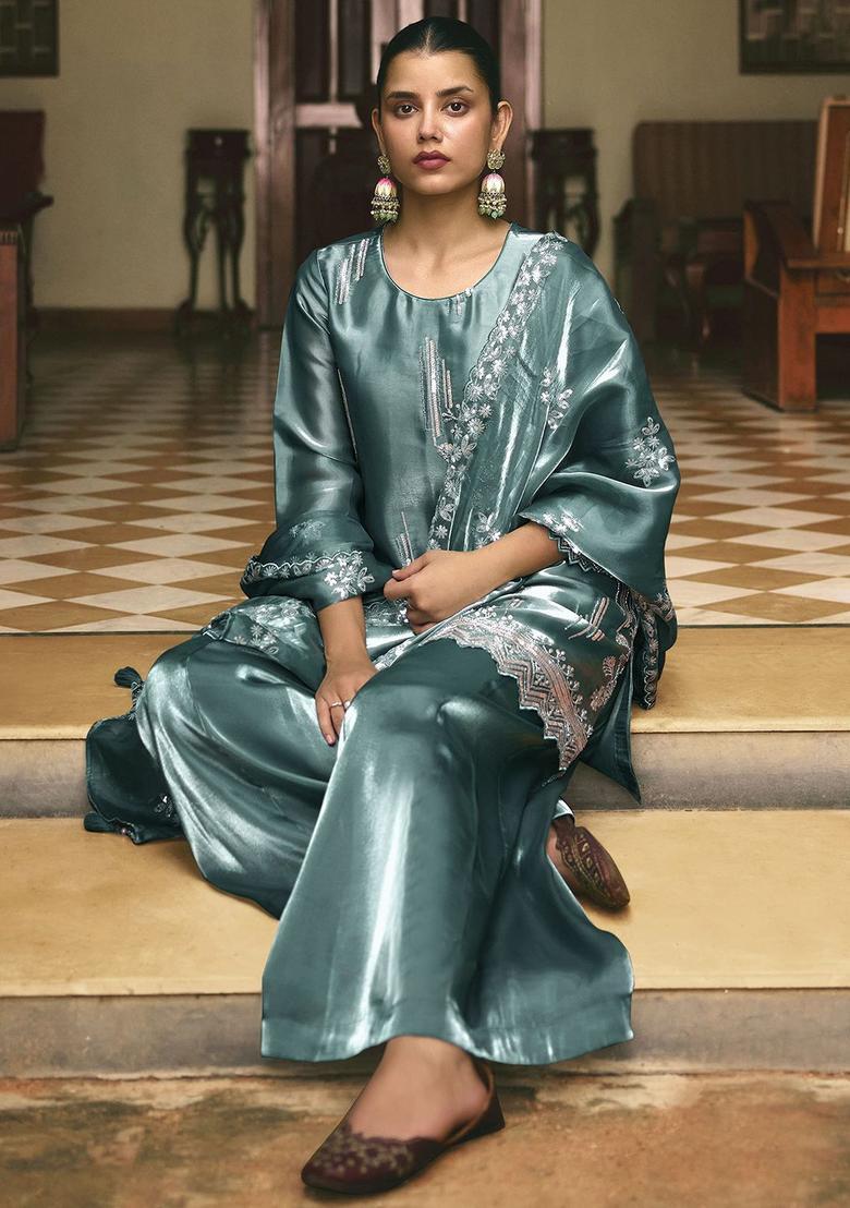 Sea Green Embroidered Viscose Kurta Sets - Indya