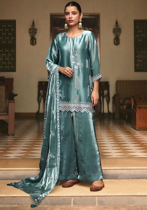 Sea Green Embroidered Viscose Kurta Sets