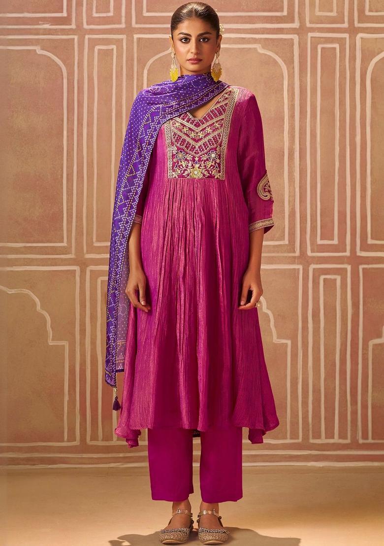Pink Embroidered Silk Blend Anarkli Sets - Indya