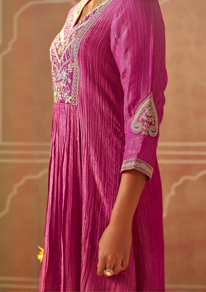 Pink Embroidered Silk Blend Anarkli Sets - Indya