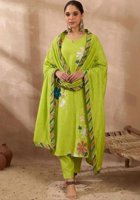 Green Yoke Design Silk Blend Anarkli Sets