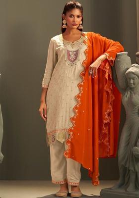 Beige Embroidered Silk Blend Kurta Sets