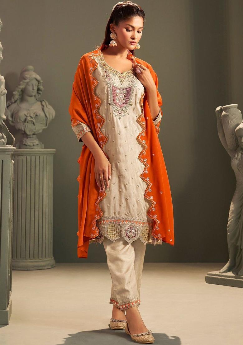 Beige Embroidered Silk Blend Kurta Sets - Indya
