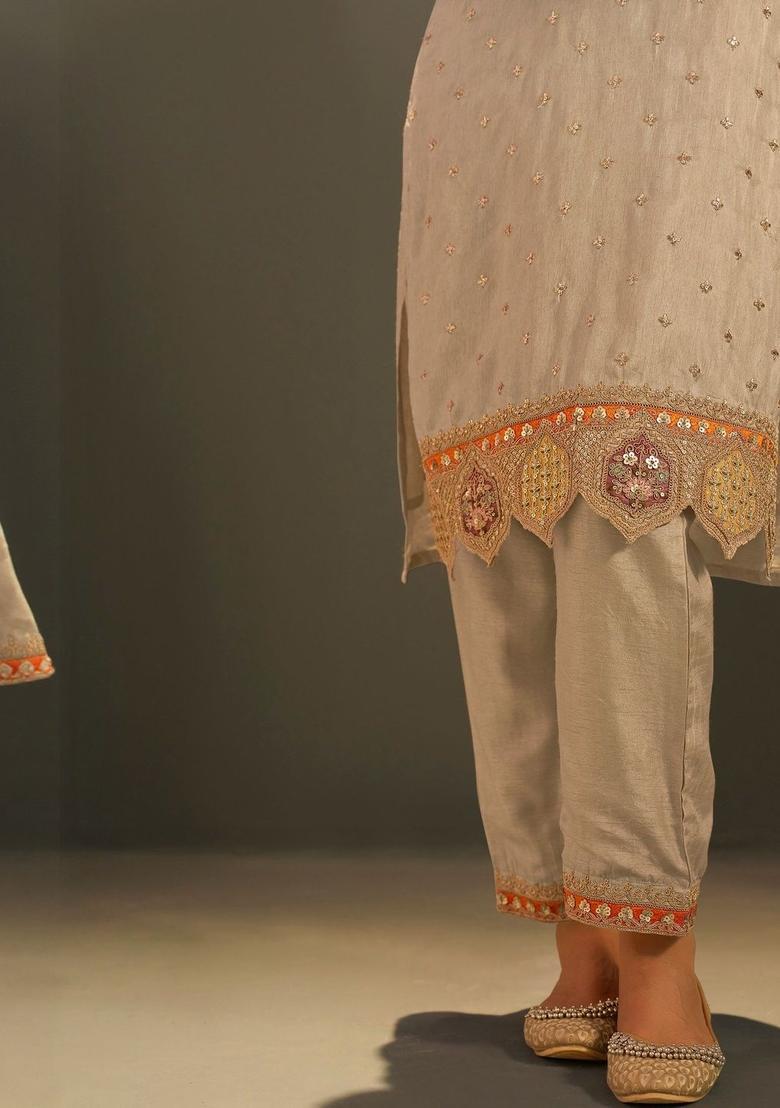 Beige Embroidered Silk Blend Kurta Sets - Indya