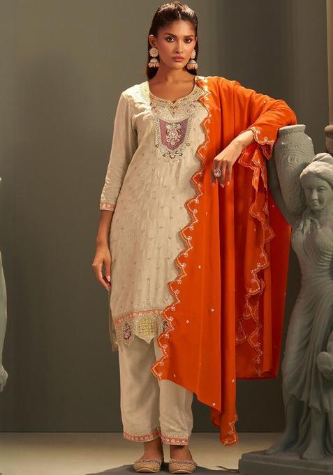 Beige Embroidered Silk Blend Kurta Sets
