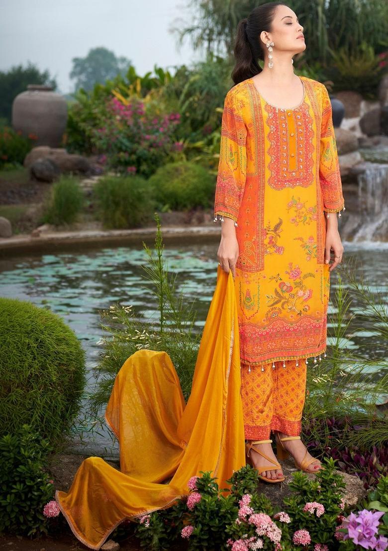 Yellow Printed Silk Blend Kurta Sets - Indya