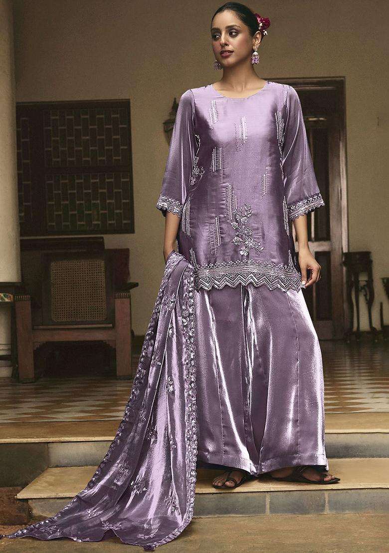 Lavender Embroidered Viscose Kurta Sets - Indya