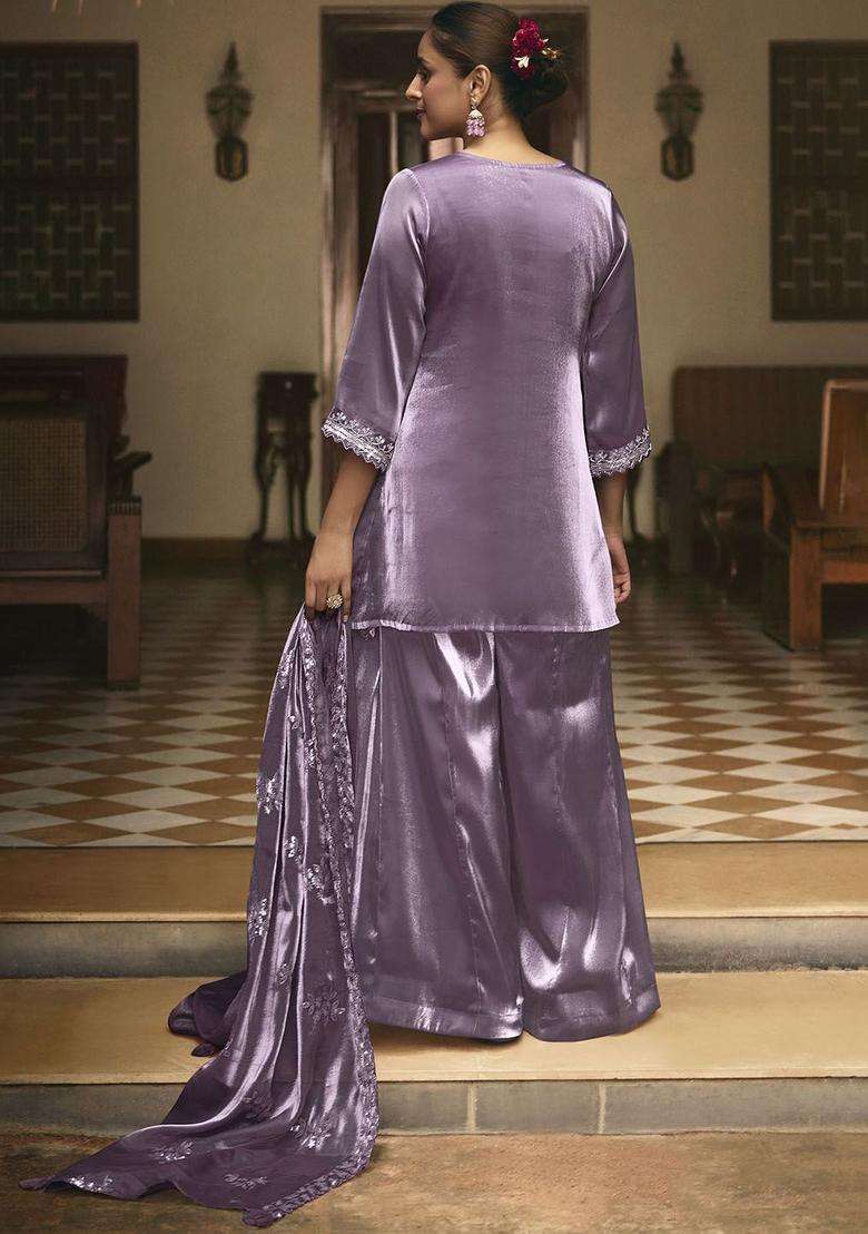 Lavender Embroidered Viscose Kurta Sets - Indya