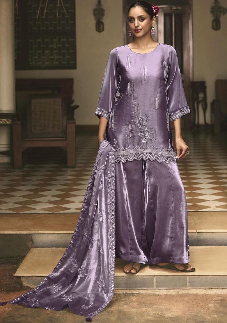 Lavender Embroidered Viscose Kurta Sets - Indya