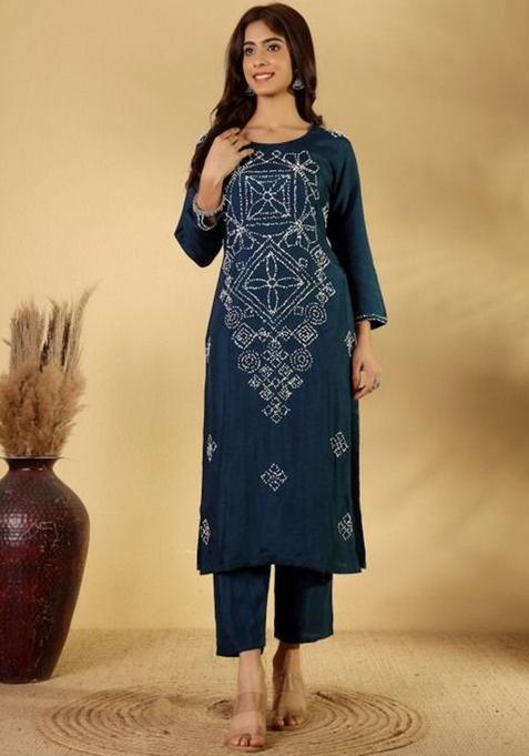 Navy Blue Embroidered Silk Kurta Sets