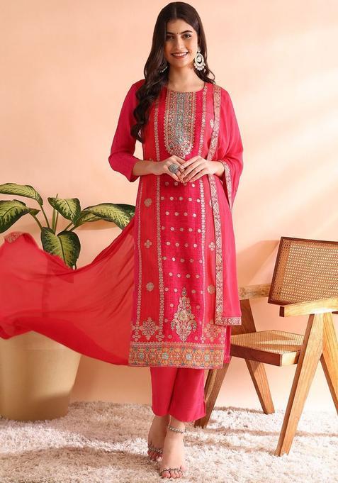 Pink Woven Design Organza Kurta Sets