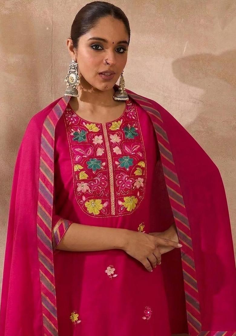 Pink Yoke Design Silk Blend Kurta Sets - Indya