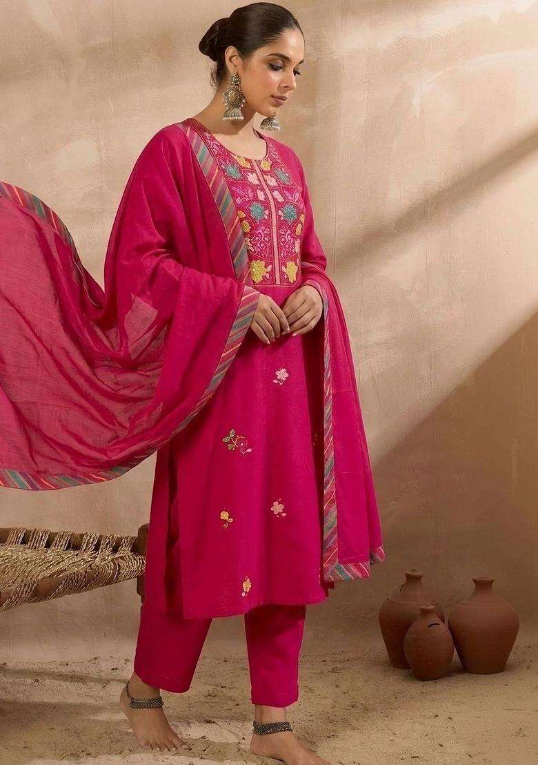 Pink Yoke Design Silk Blend Kurta Sets - Indya