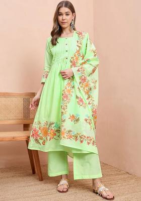 Sea Green Printed Cotton Kurta Sets