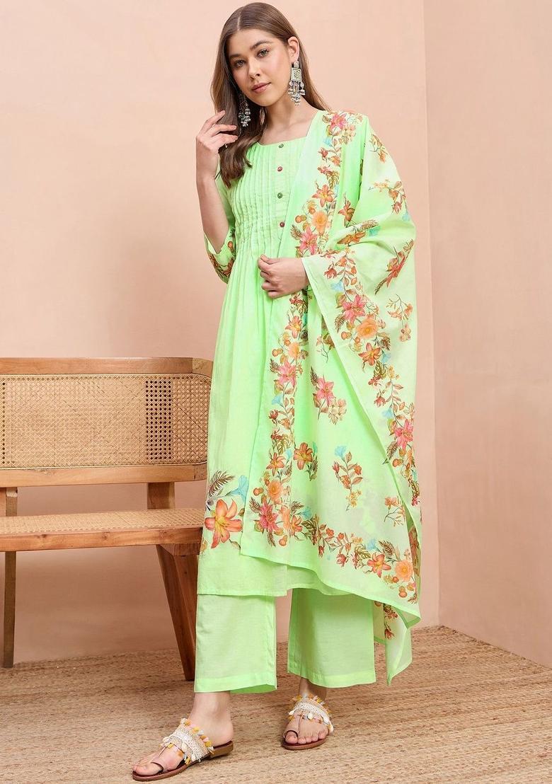 Sea Green Printed Cotton Kurta Sets - Indya