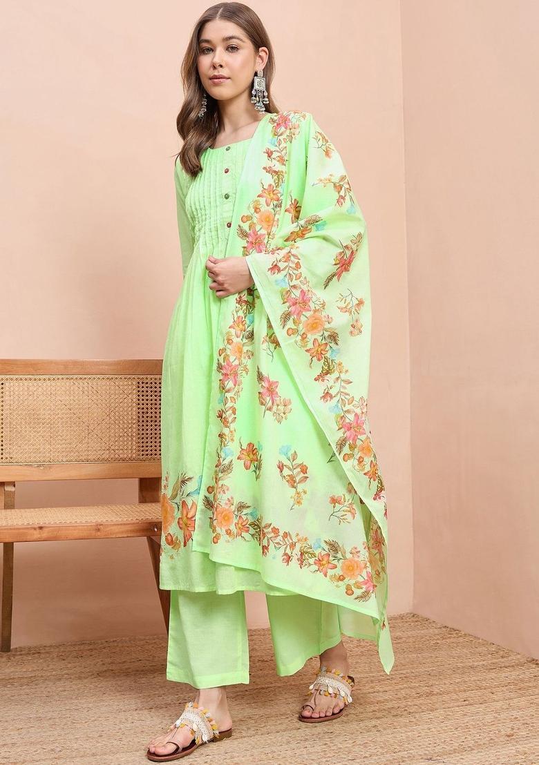 Sea Green Printed Cotton Kurta Sets - Indya