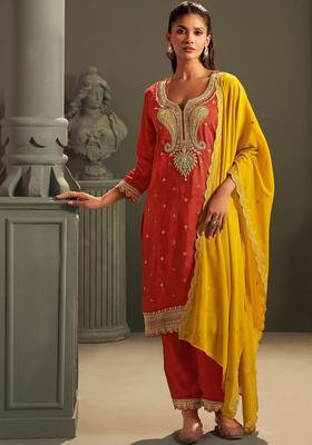 Rust Embroidered Silk Blend Kurta Sets