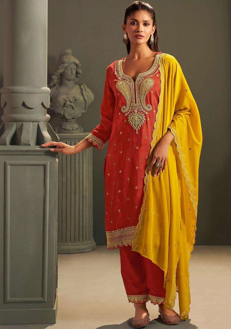 Rust Embroidered Silk Blend Kurta Sets - Indya