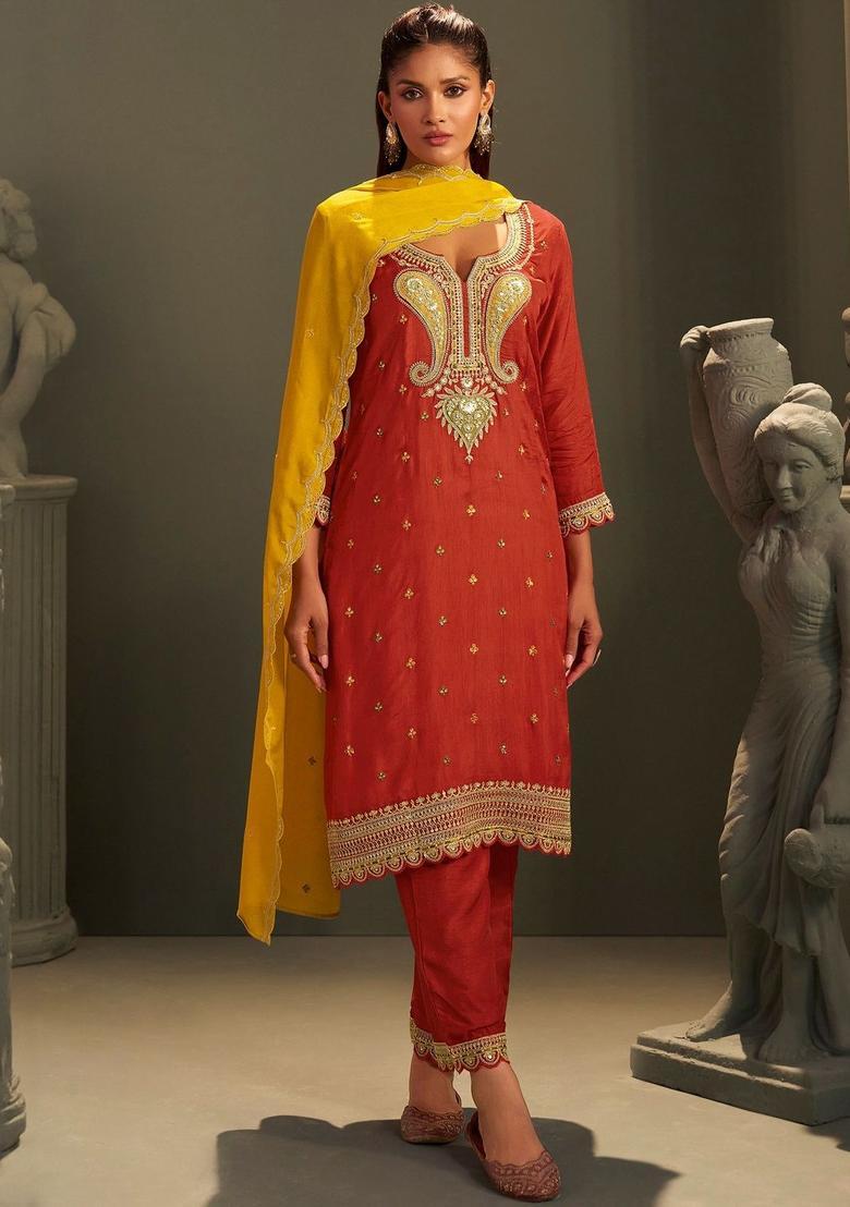Rust Embroidered Silk Blend Kurta Sets - Indya