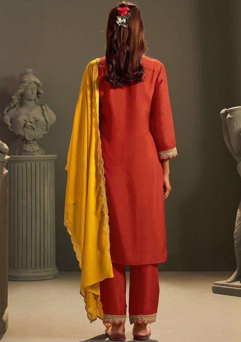 Rust Embroidered Silk Blend Kurta Sets - Indya