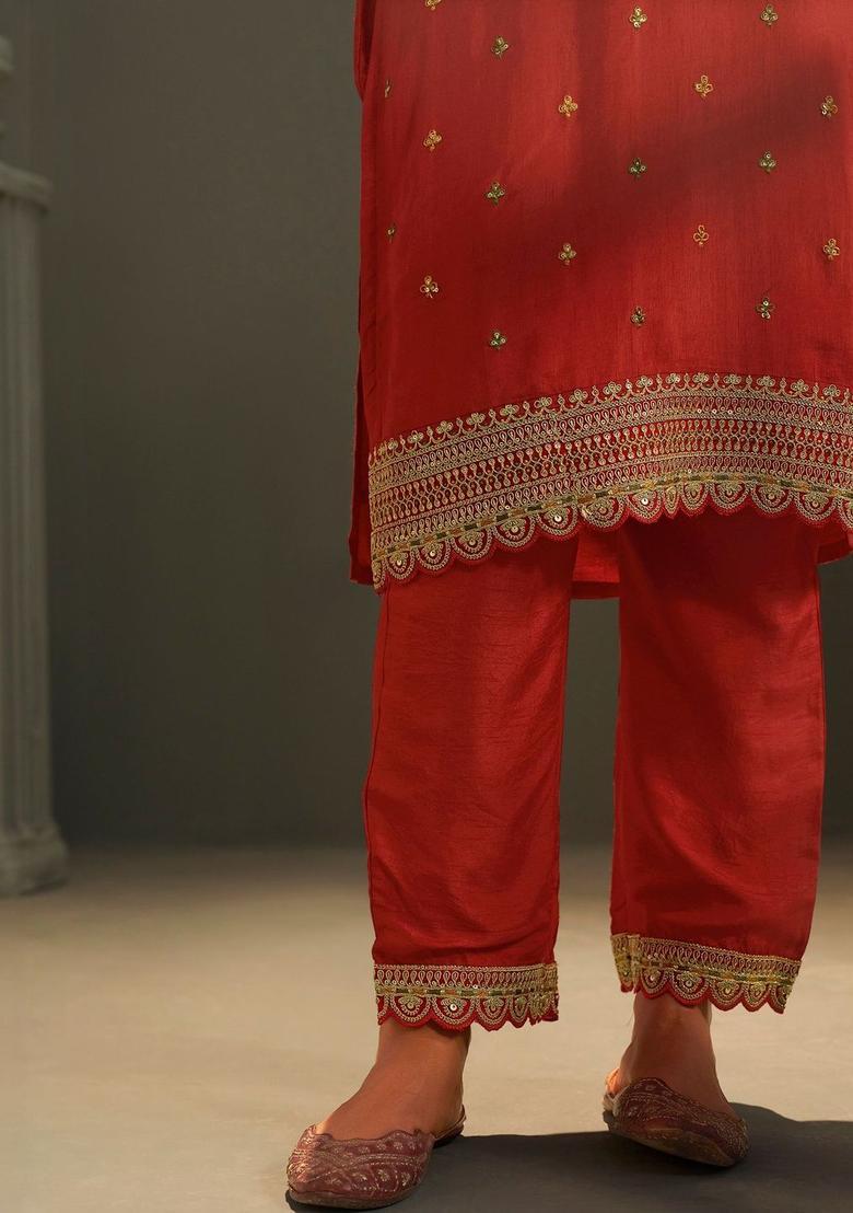Rust Embroidered Silk Blend Kurta Sets - Indya