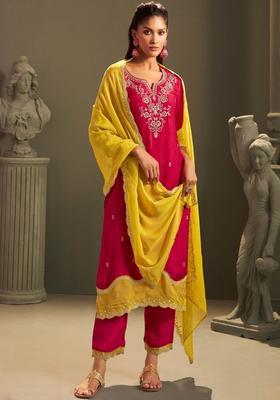 Red Embroidered Silk Blend Kurta Sets
