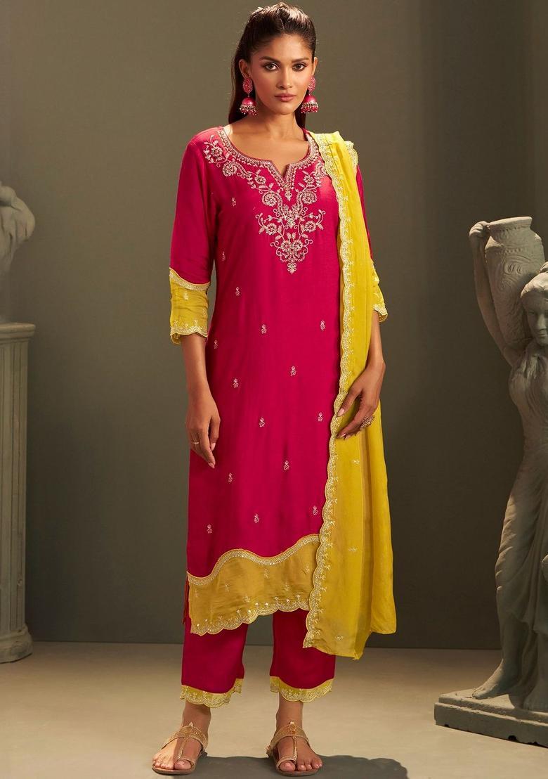 Red Embroidered Silk Blend Kurta Sets - Indya