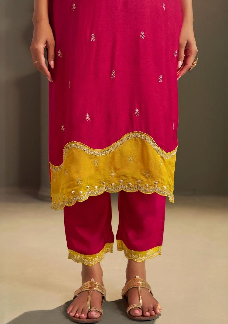 Red Embroidered Silk Blend Kurta Sets - Indya