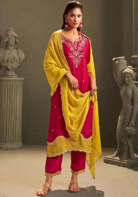 Red Embroidered Silk Blend Kurta Sets