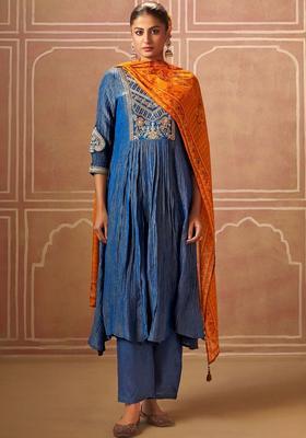 Blue Embroidered Silk Blend Anarkli Sets