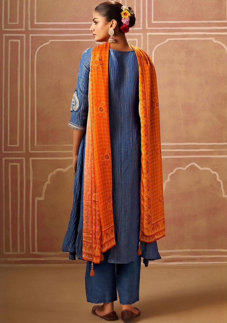 Blue Embroidered Silk Blend Anarkli Sets - Indya