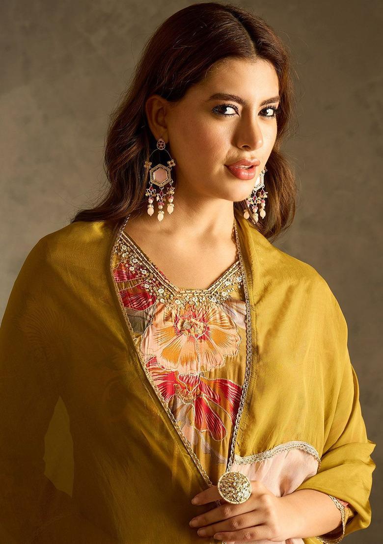 Olive Printed Viscose Kurta Sets - Indya