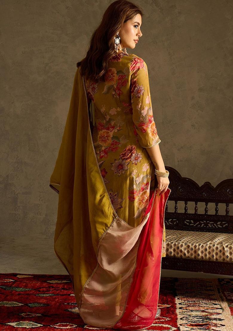 Olive Printed Viscose Kurta Sets - Indya