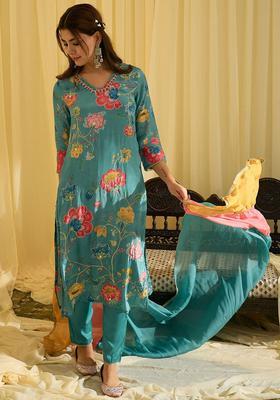 Turquoise Blue Printed Viscose Kurta Sets