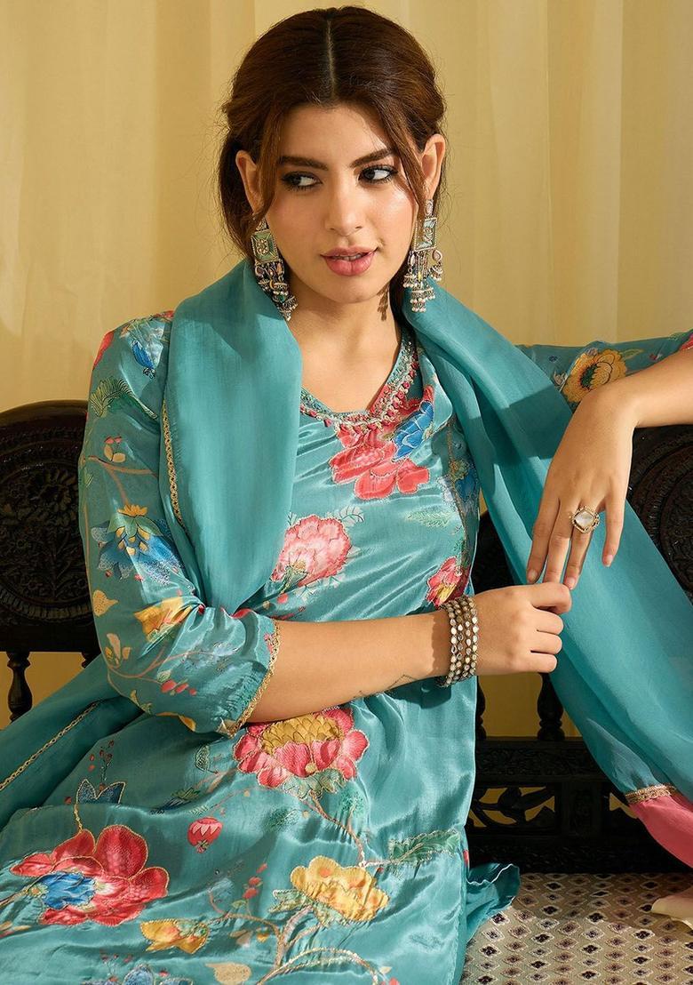 Turquoise Blue Printed Viscose Kurta Sets - Indya