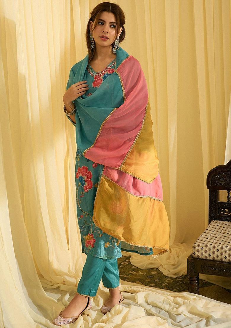 Turquoise Blue Printed Viscose Kurta Sets - Indya