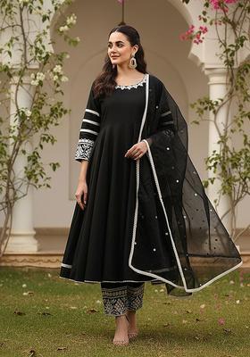 Black Embroidered Silk Blend Anarkli Sets