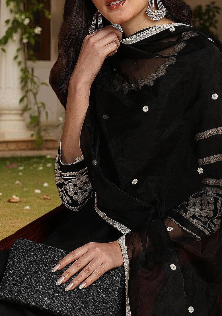 Black Embroidered Silk Blend Anarkli Sets - Indya