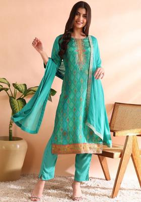 Teal Woven Design Silk Blend Kurta Sets