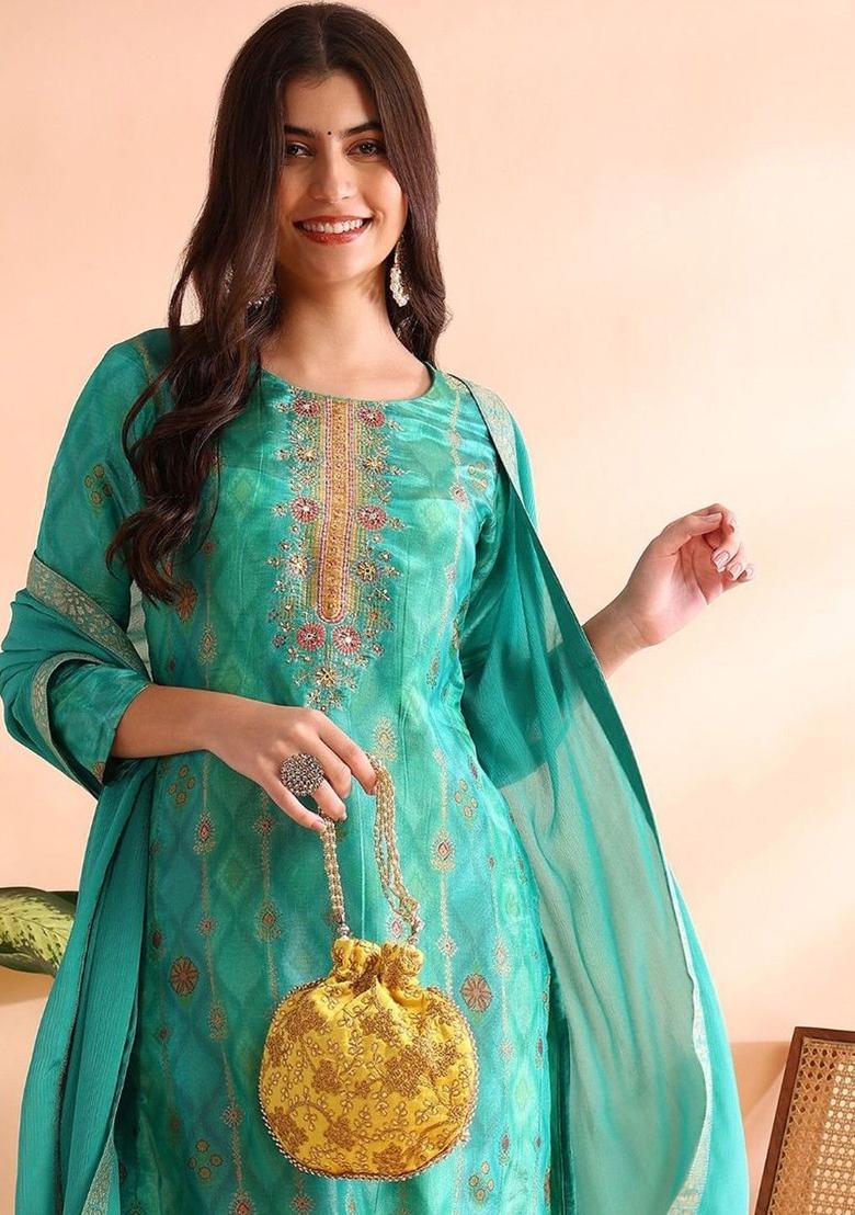 Teal Woven Design Silk Blend Kurta Sets - Indya