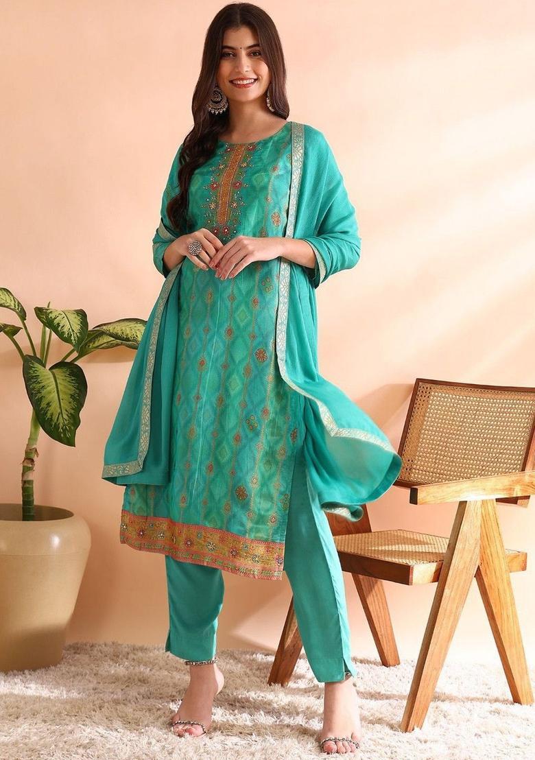 Teal Woven Design Silk Blend Kurta Sets - Indya
