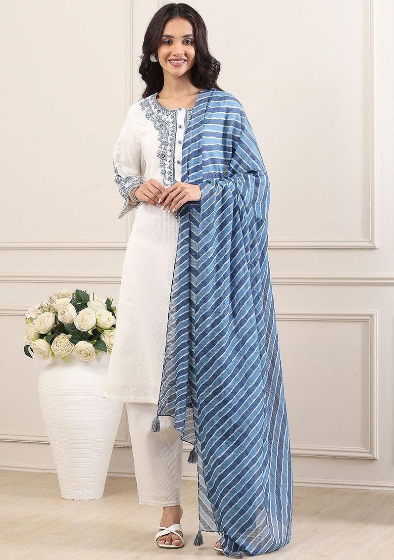 White Embroidered Chanderi Kurta Sets - Indya